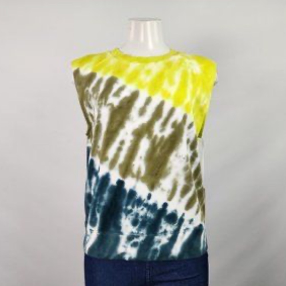 Young Fabulous & Broke Green and White Tie-Dye Shoulder Pad Sleeveless Top Sz M